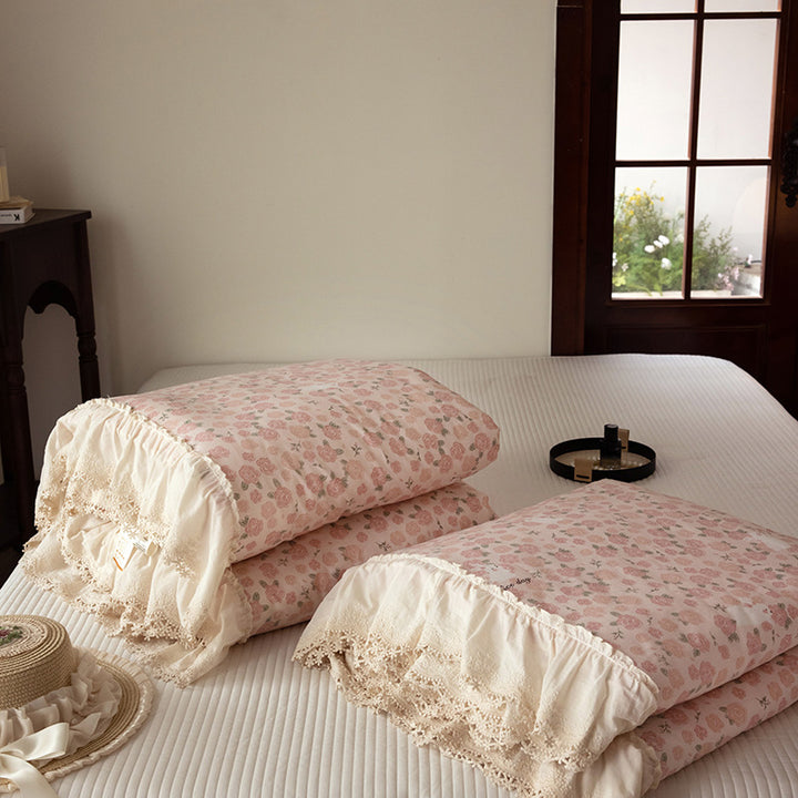 Floral Quilted Throw Blanket with Lace Ruffle Trim