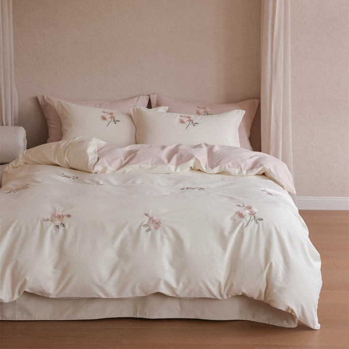 Embroidered Rose Cotton-Sateen Duvet Cover Set with Pillow Shams
