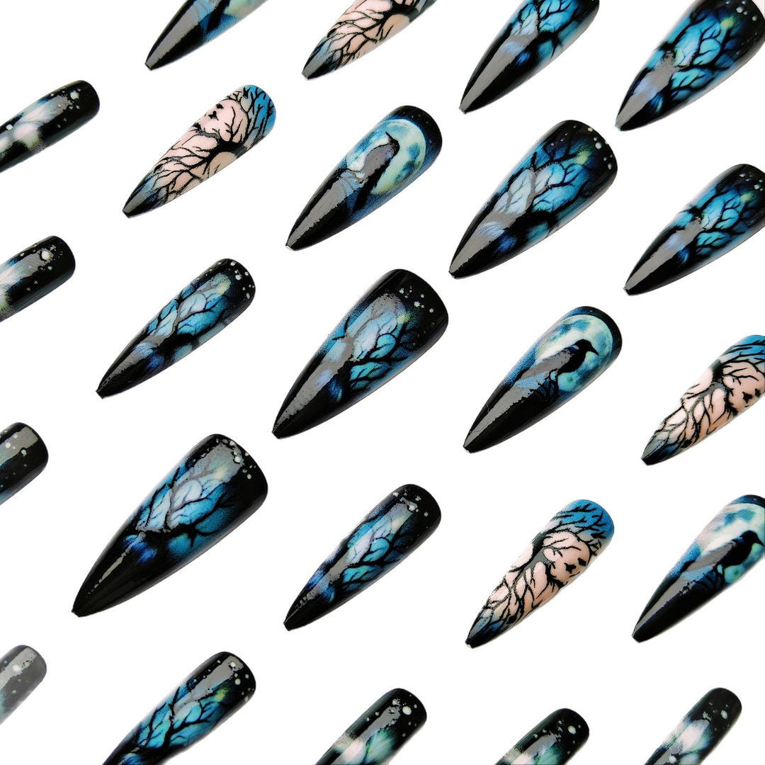 Creative artificial nails with mystical moon and crow design Stornfield