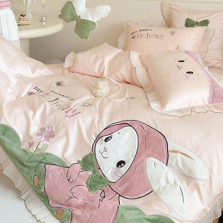 Rabbit Appliqué Cotton Sateen Duvet Cover Set with Plush Accents