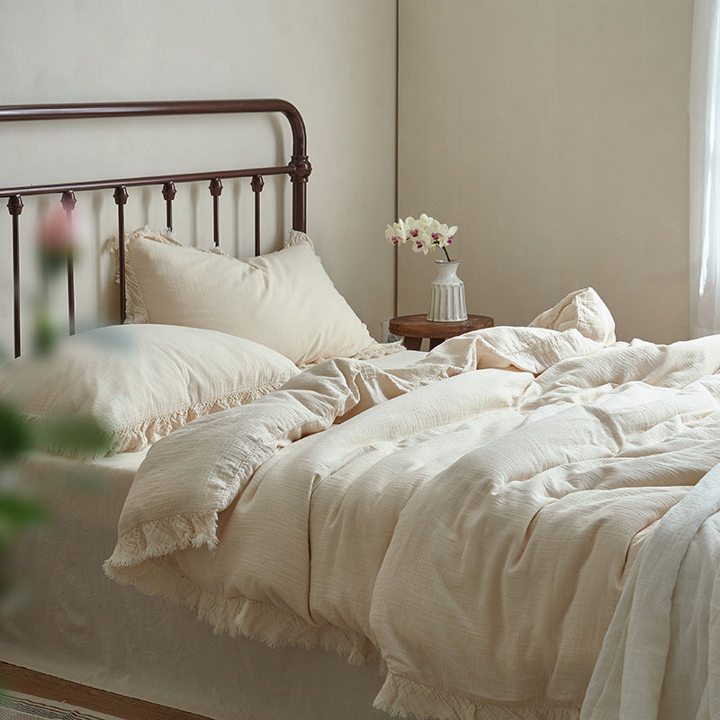 Cotton Gauze Fringed Duvet Cover Set with Washed Linen Texture