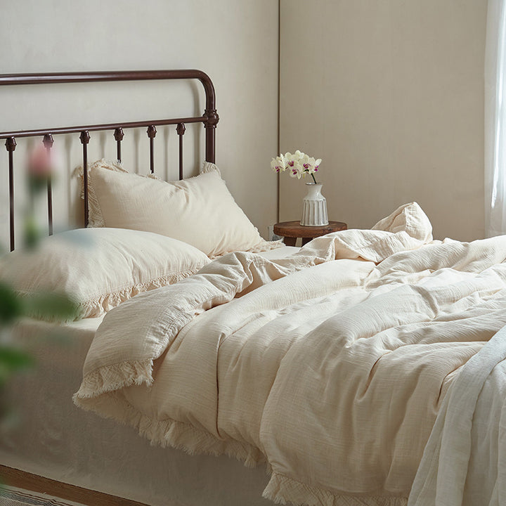 Cotton Gauze Fringed Duvet Cover Set with Washed Linen Texture
