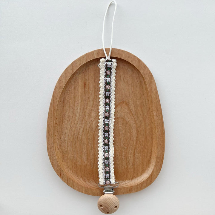 Natural Wooden Bead Pacifier Clip with Embroidered Cotton Lace Strap