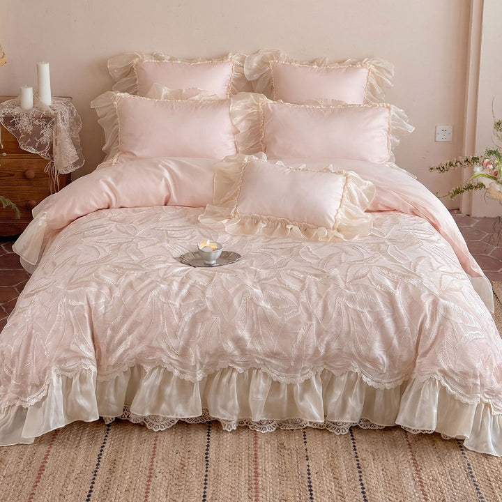 Luxurious Ruffled Organza-Trim Satin Duvet Cover Set with Embroidered Leaf Jacquard Bedspread