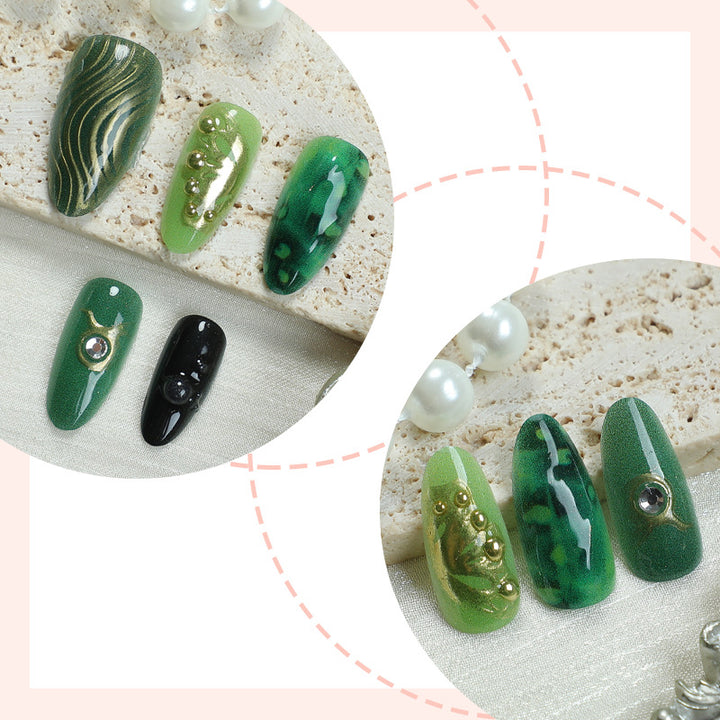 Artistic Press-On Nail Art Set with Emerald and Gold Designs Stornfield