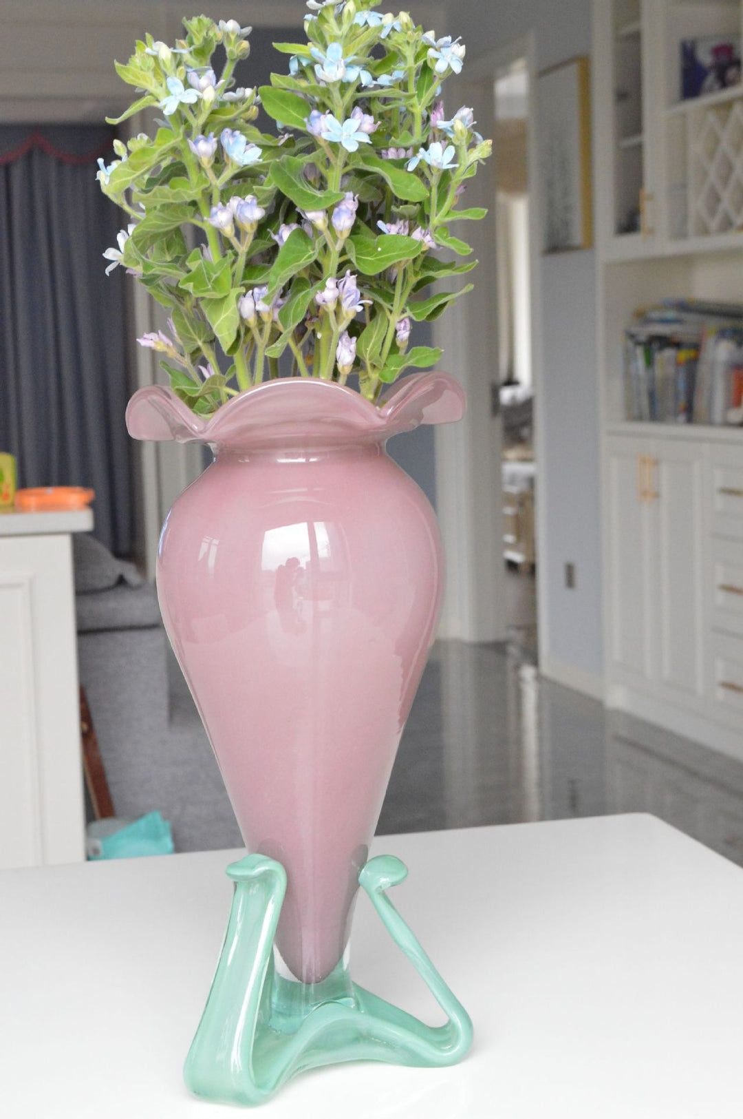 Handblown Fluted Pedestal Art Glass Trumpet Vase Stornfield