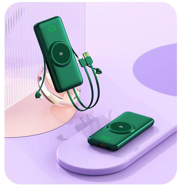Portable power bank with wireless charging function and integrated charging cable Stornfield