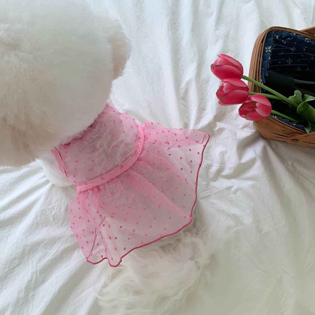Sheer Organza Polka Dot Pet Dress with Ruffled Hem and Harness Slot