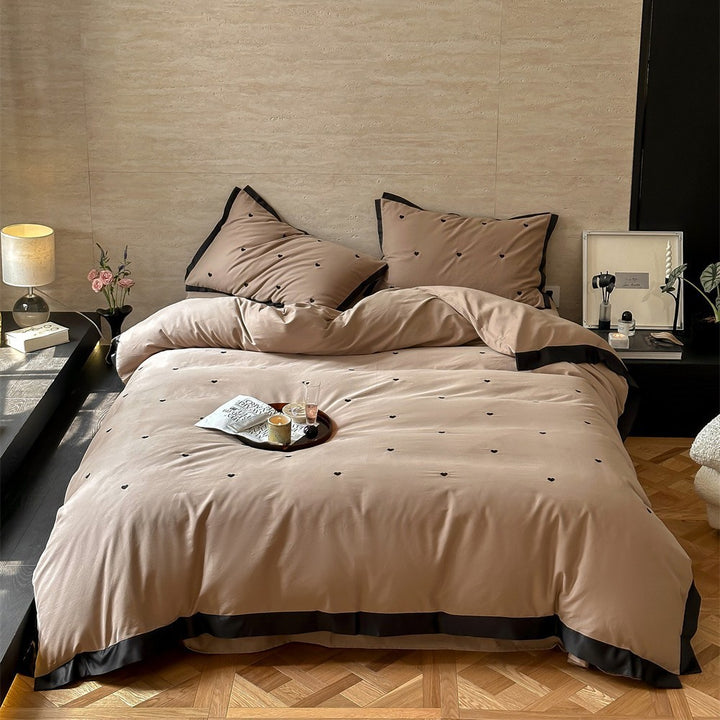 Heart-Embroidered Cotton Duvet Cover Set with Contrasting Border