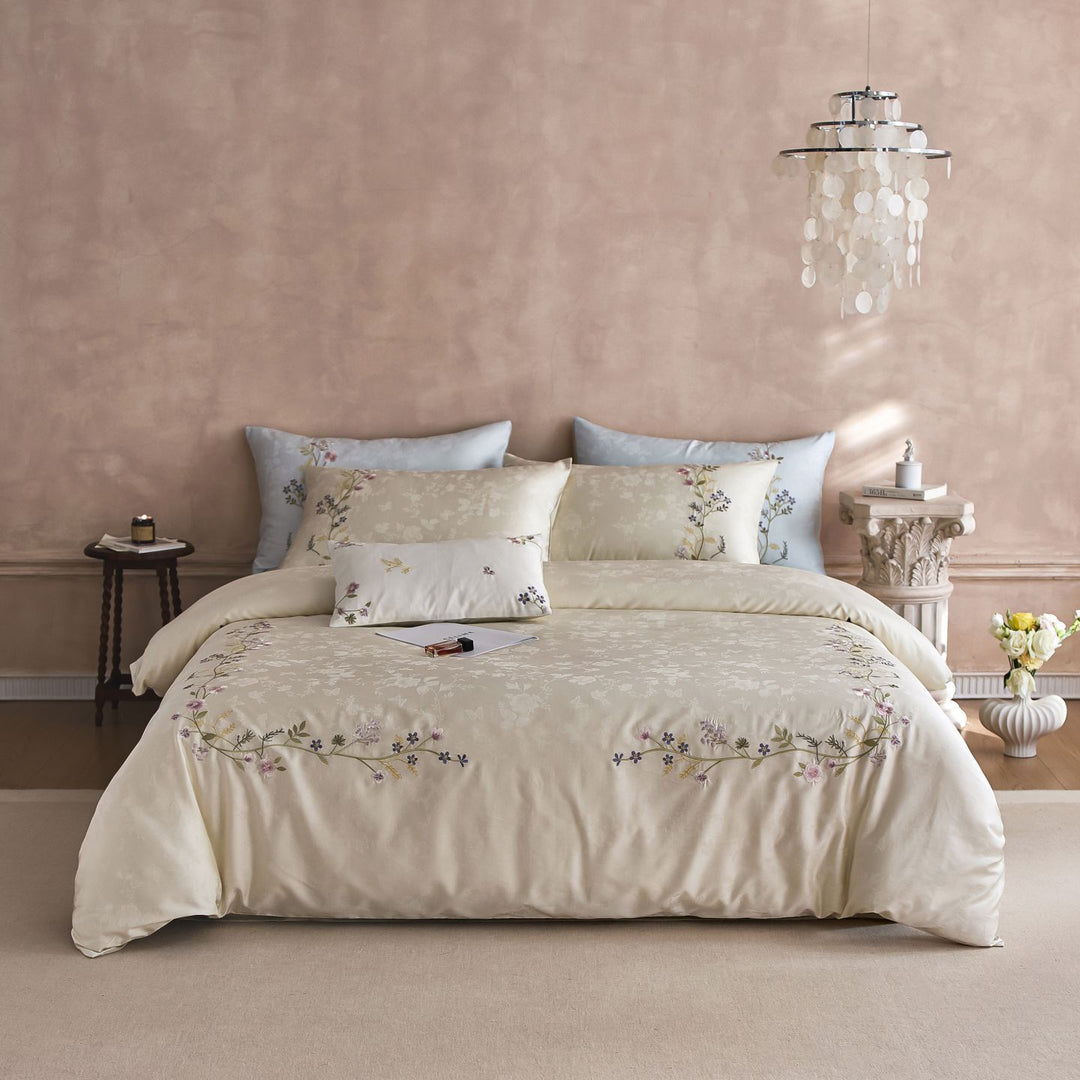 Satin bedding set with fine floral embroidery and jacquard structure