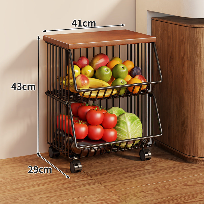 Compact Triple-Tier Rolling Wire Vegetable and Fruit Storage Cart with Wooden Top