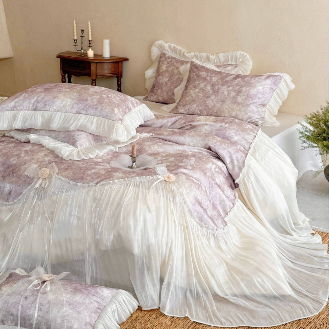 Romantic bedding set with ruffles, frills, and velvet look