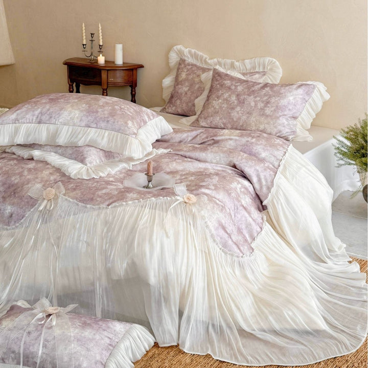 Romantic bedding set with ruffles, frills, and velvet look