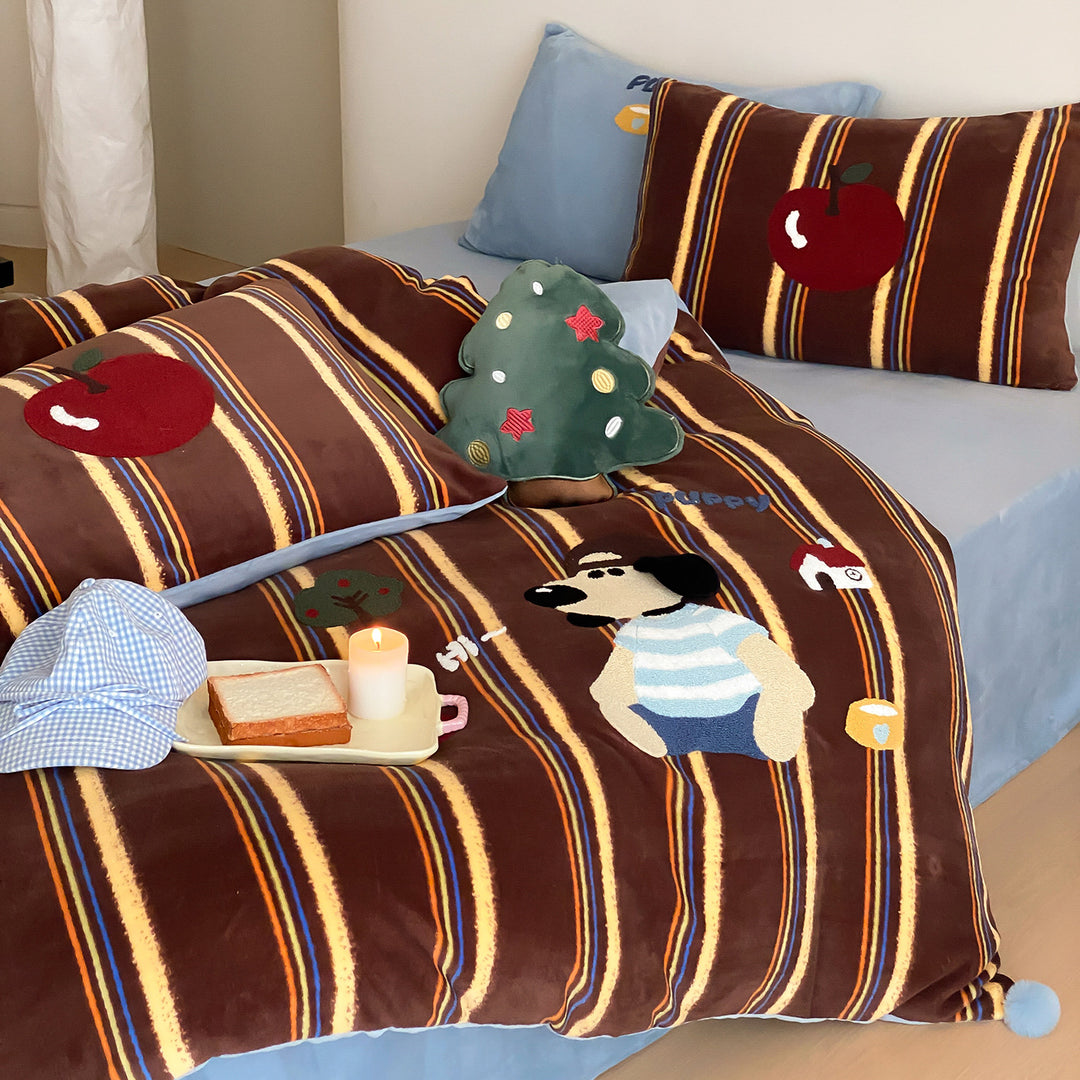 Plush Embroidered Velvet-Feel Duvet Cover Set with Cartoon Dog Appliqué