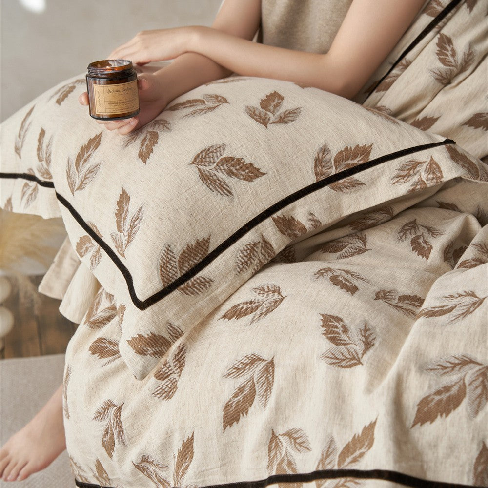 Washed Linen-Cotton Leaf Motif Duvet Cover Set with Piped Hem & Pillow Shams