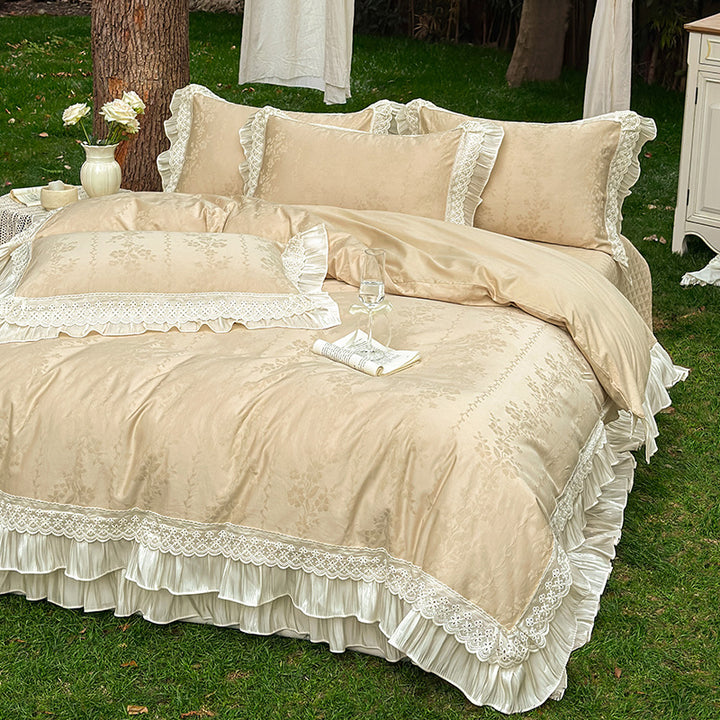 Ruffled Lace-Trim Jacquard Floral Duvet Cover Set with Quilted Bed Skirt and Pillow Shams