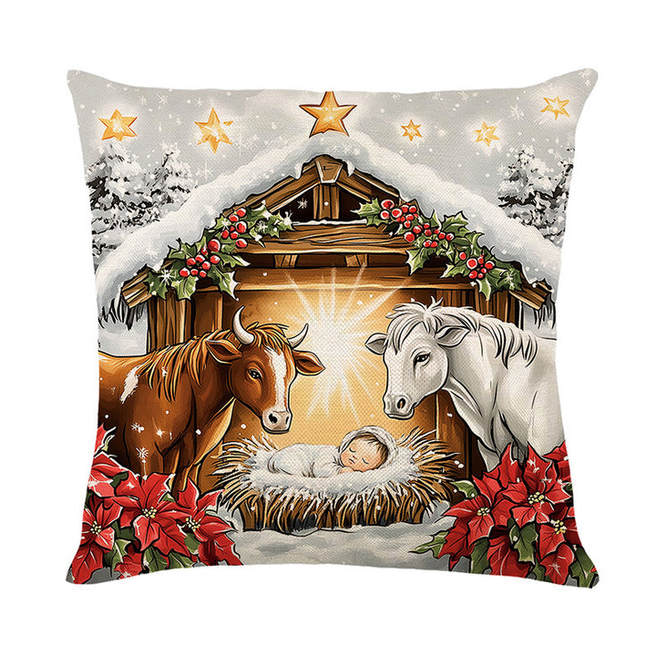 Holiday Nativity Manger Illustration Cotton-Linen Decorative Pillow Cover