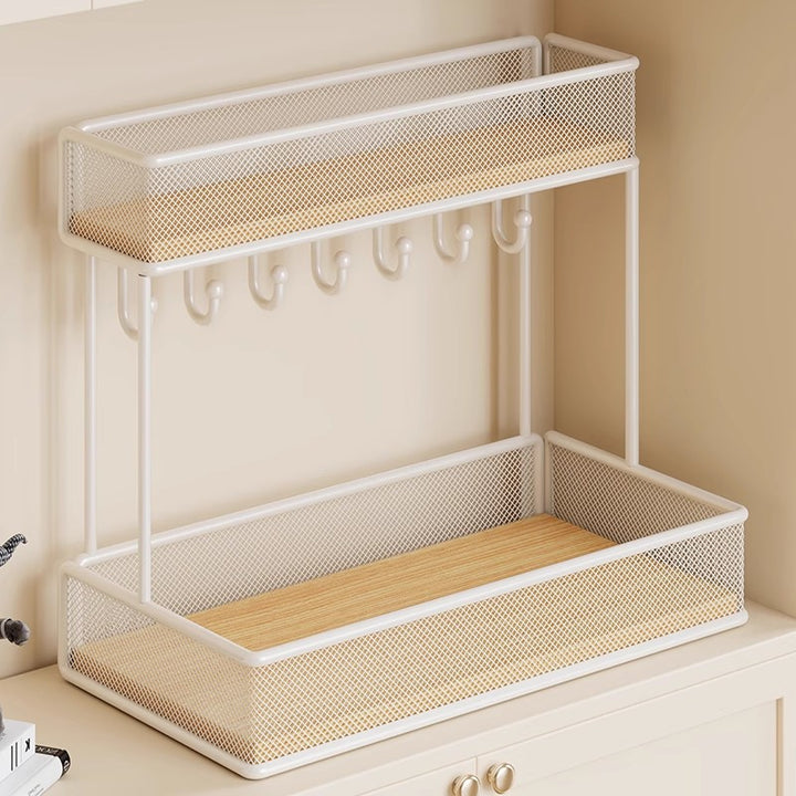 Double-Tier Metal Mesh Entryway Organizer Shelf with Key Hooks and Removable Baskets