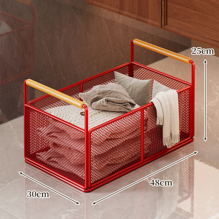 Freestanding Mesh Storage Crate with Wooden Grip Handles for Living Room and Laundry