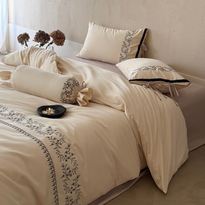 Embroidered Cotton Sateen Duvet Cover Set with Tie-Sham and Decorative Bolster