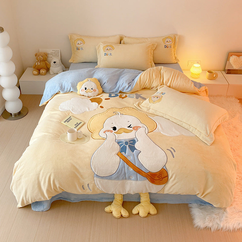 Plush Cartoon Duck Flannel Duvet Cover Bedding Set