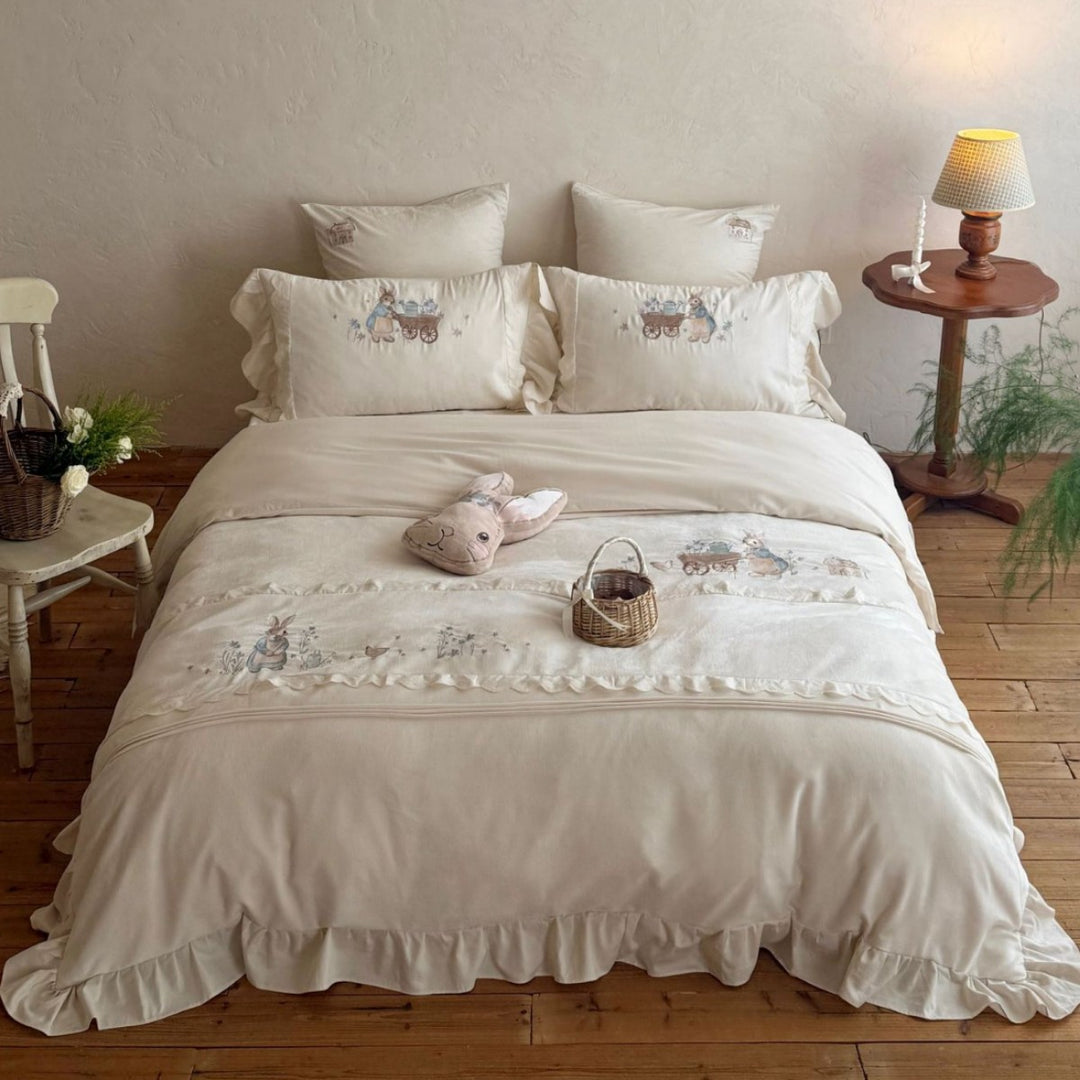 Reversible Embroidered Ruffled Cotton Duvet Cover Set with Bunny & Wagon Motif