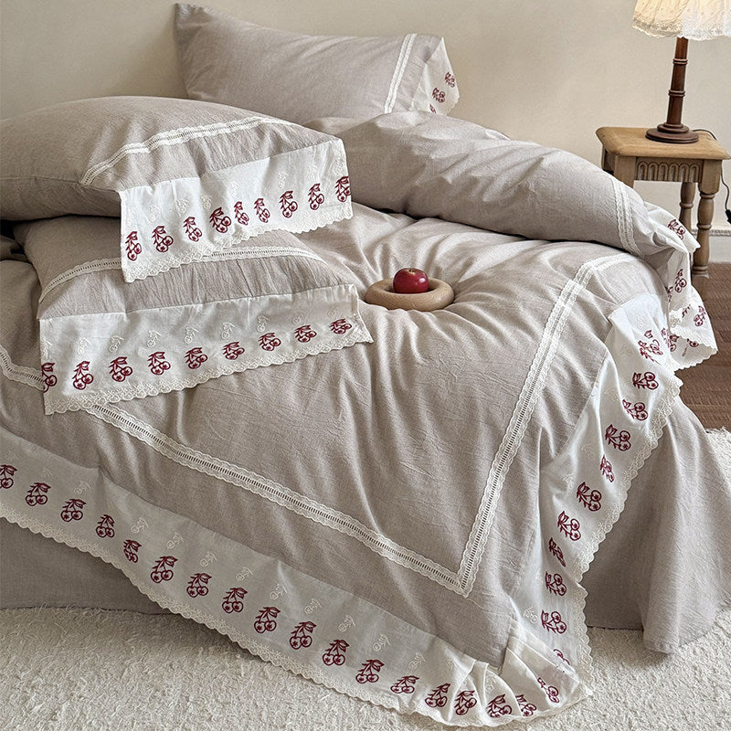 Artisan Embroidered Cherry-Motif Cotton-Linen Duvet Cover Set with Scalloped Lace Hem