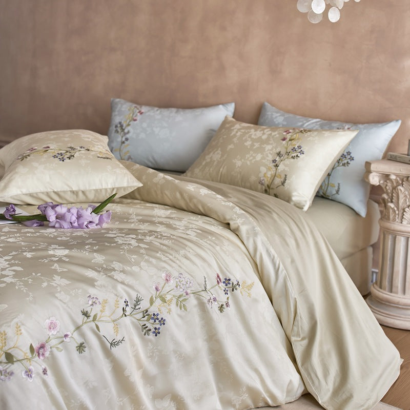 Botanical Jacquard Cotton Sateen Duvet Cover Ensemble with Delicate Sprig Embroidery and Envelope Pillowcases