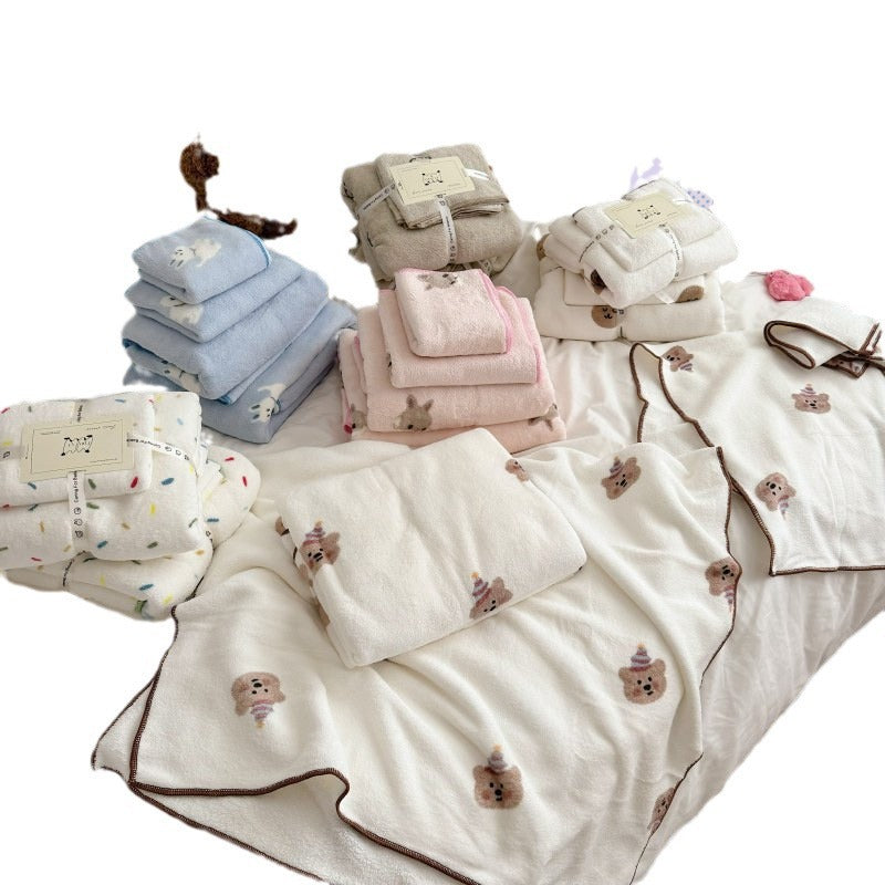 Plush Cotton Bath Towel Set with Cute Cloud Embroidery