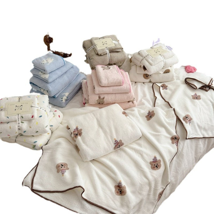 Plush Cotton Bath Towel Set with Cute Cloud Embroidery