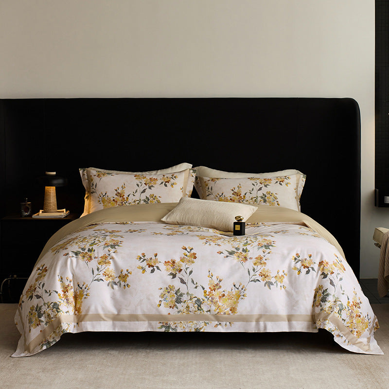 Botanical Vintage Meadow Print Cotton Duvet Cover Set with Sateen Reverse & Matching Shams