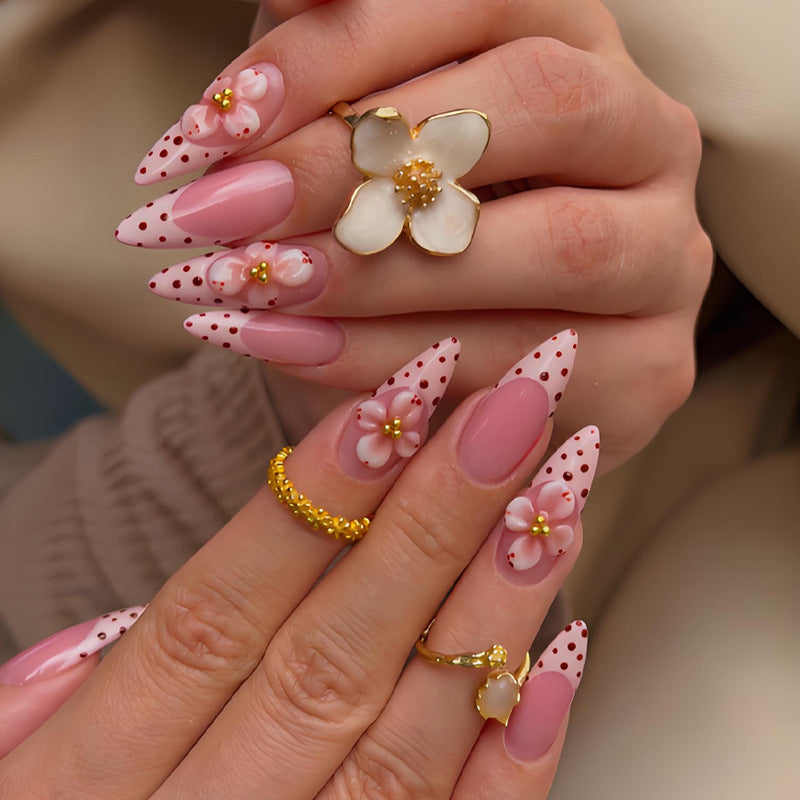 Artificial nail set with romantic flower and polka dot designs Stornfield