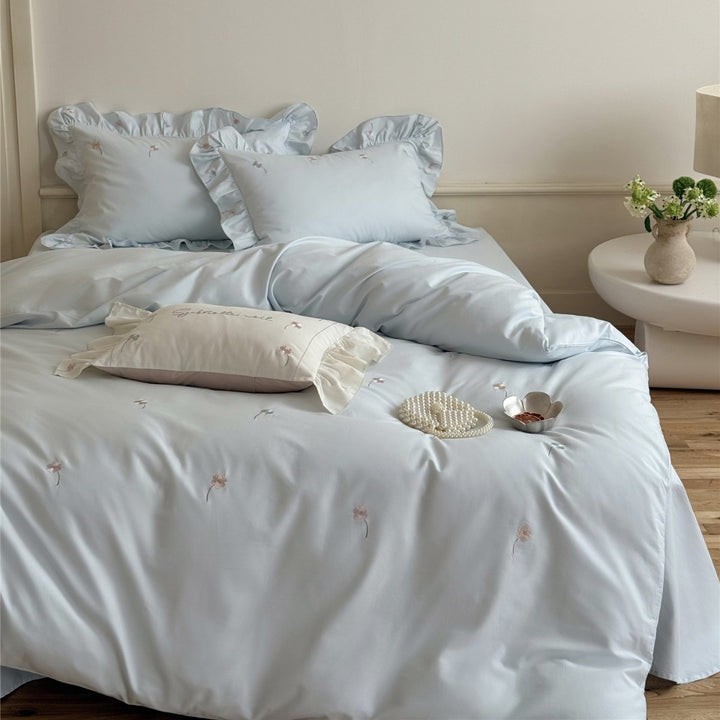 Embroidered Mini-Floral Sateen Duvet Cover Set with Frilled Pillow Shams and Accent Cushion Cover