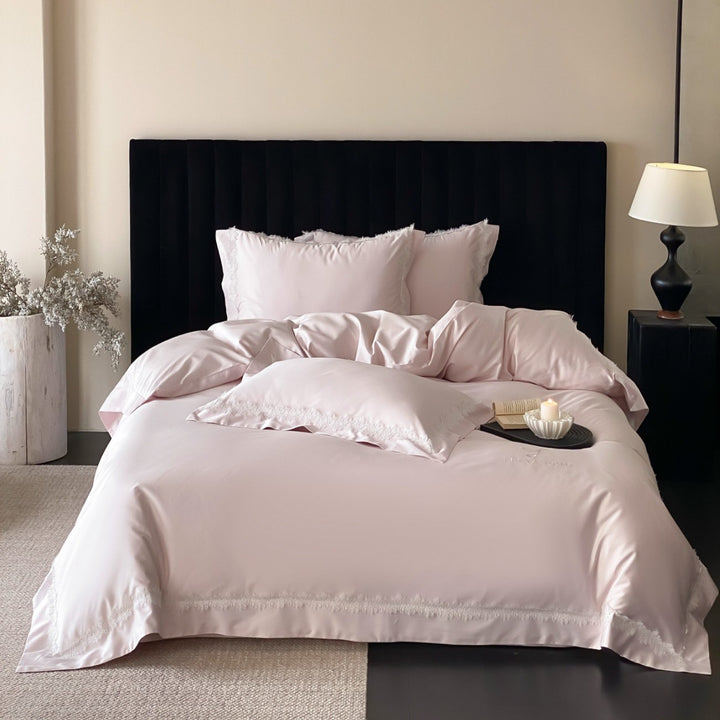 Satin Lace-Trim Duvet Cover Set with Eyelash Fringed Pillow Shams