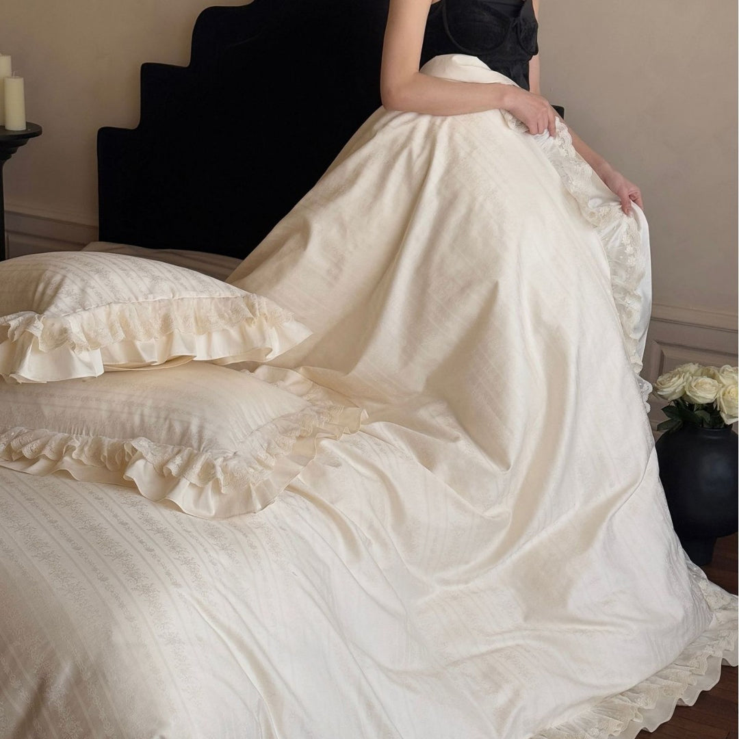 Vintage-Inspired Frilled Jacquard Cotton Duvet Cover Set