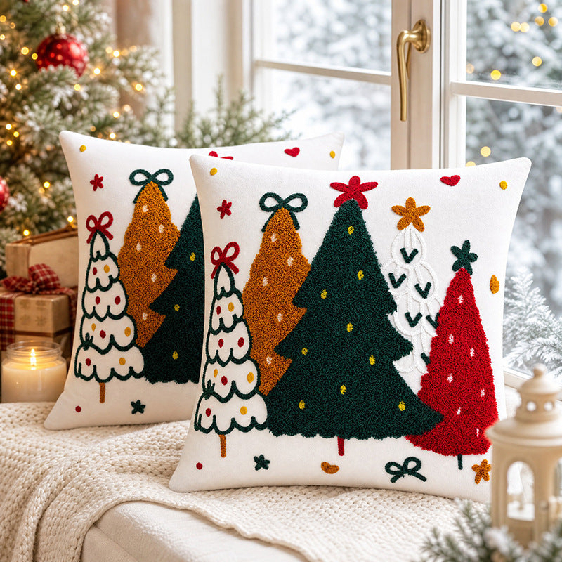 Festive Embroidered Christmas Throw Pillow Cover with Tufted Tree Appliqué