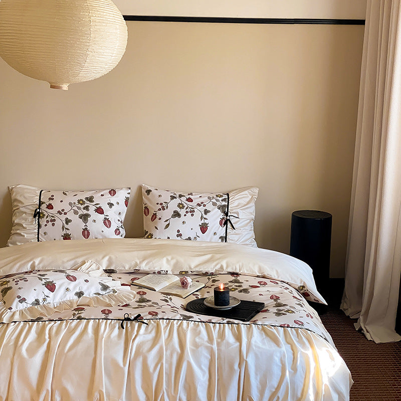 Luxurious satin bedding set with floral print and ruffles