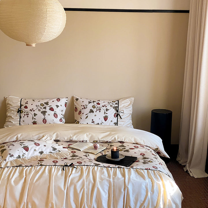Luxurious satin bedding set with floral print and ruffles