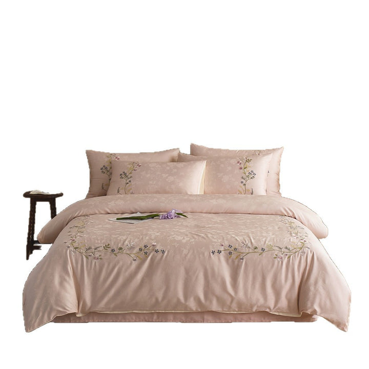 Embroidered Satin-Feel Floral Duvet Cover Set with Reversible Sateen Back and Corner Ties