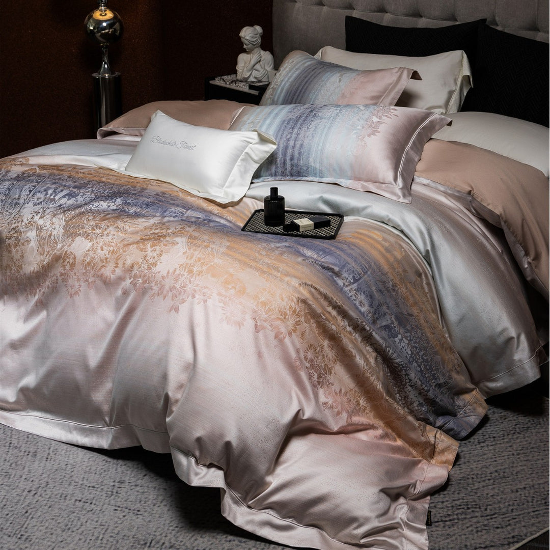 Gradient Jacquard Satin Duvet Cover Set with Floral Embossed Motif and Pillow Shams