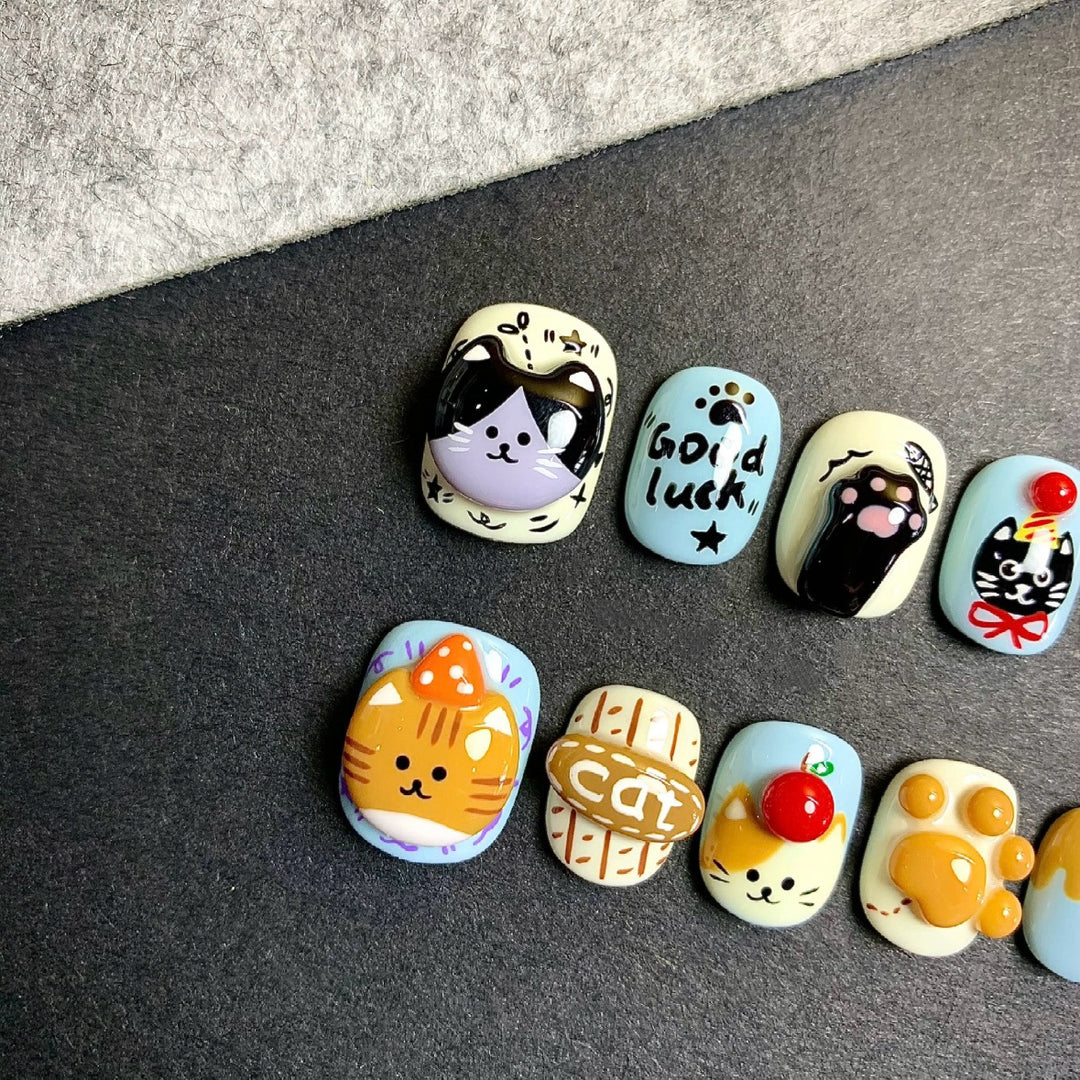 Artistic Press-On Nail Art Set with Cute Animal Designs