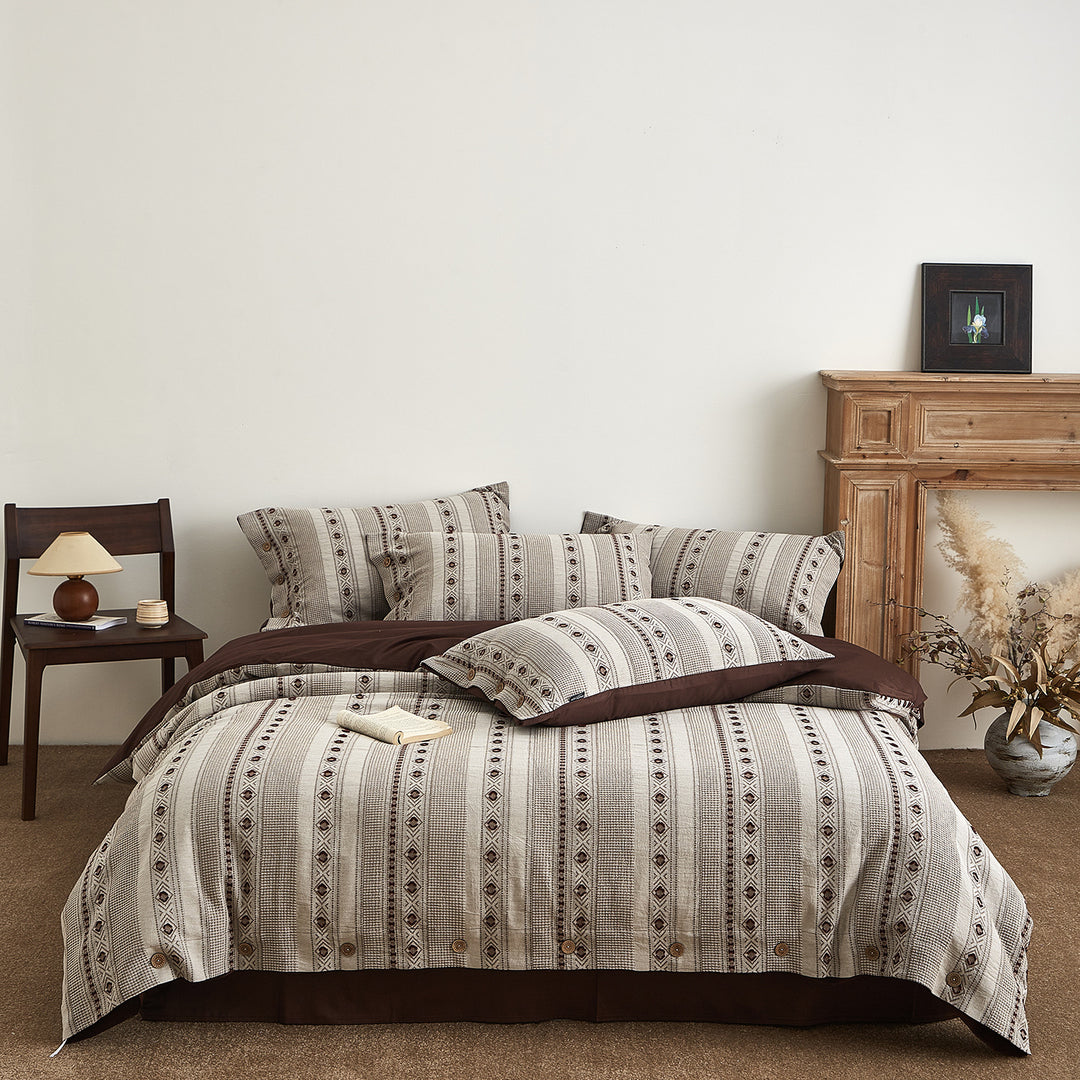 Striped Woven Cotton Duvet Cover Set with Button Closure & Reversible Solid Back