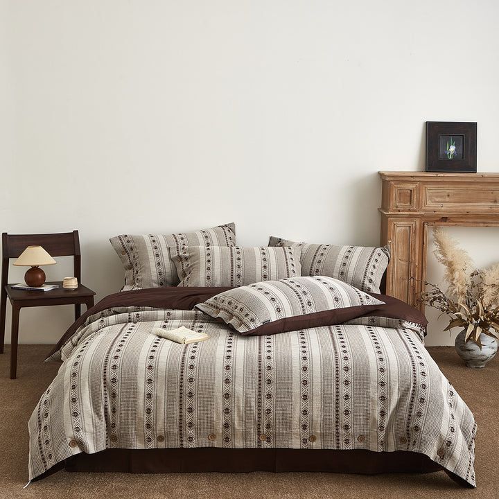 Striped Woven Cotton Duvet Cover Set with Button Closure & Reversible Solid Back
