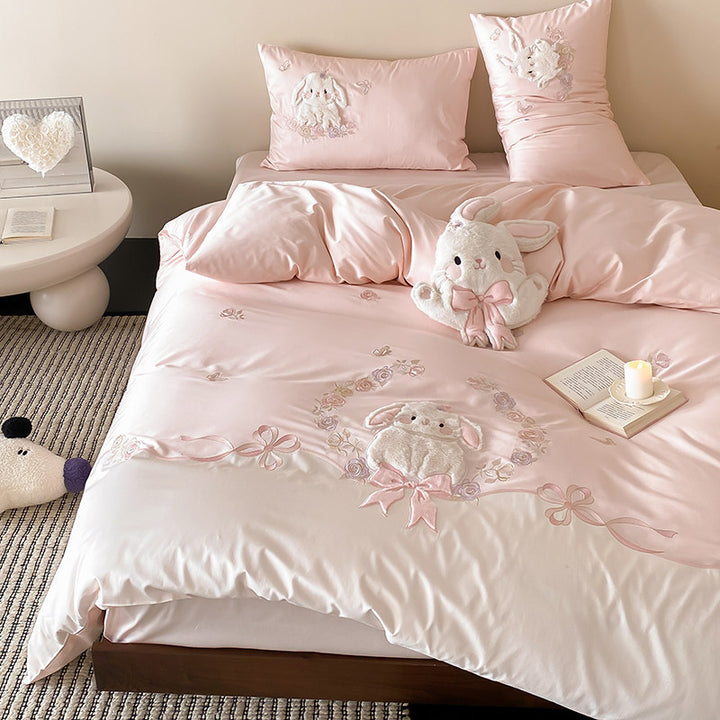 Whimsical Plush-Appliqué Bunny Duvet Cover & Sham Set