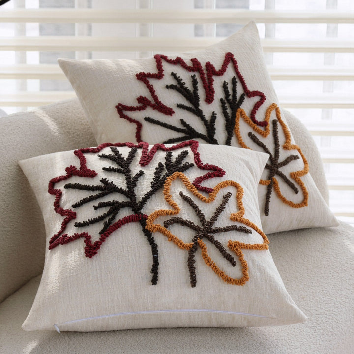 Square cushion cover Stornfield with hand-tufted leaf appliqué and cotton-linen blend