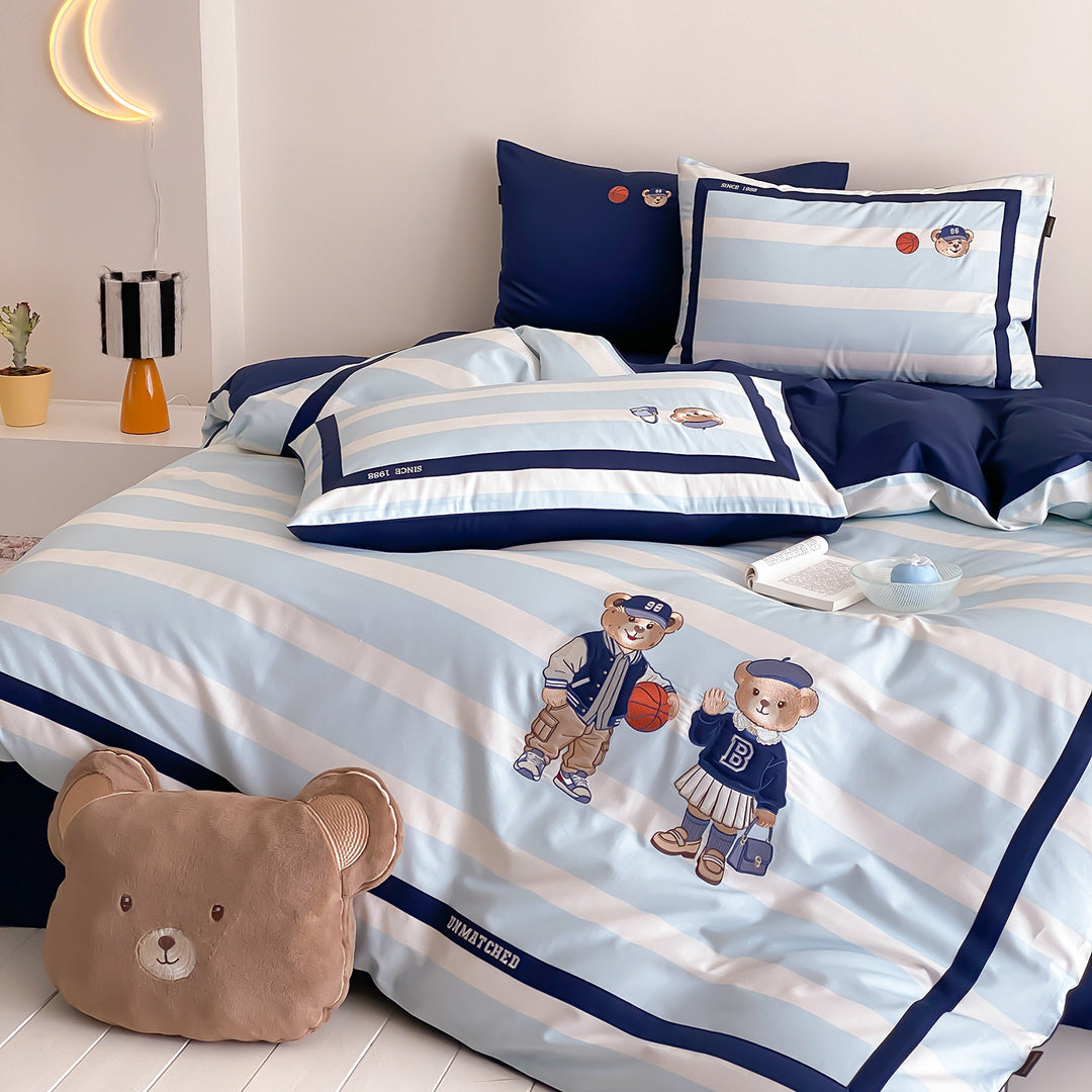 Striped Cotton-Sateen Duvet Cover Set with Embroidered Crest & Reversible Border