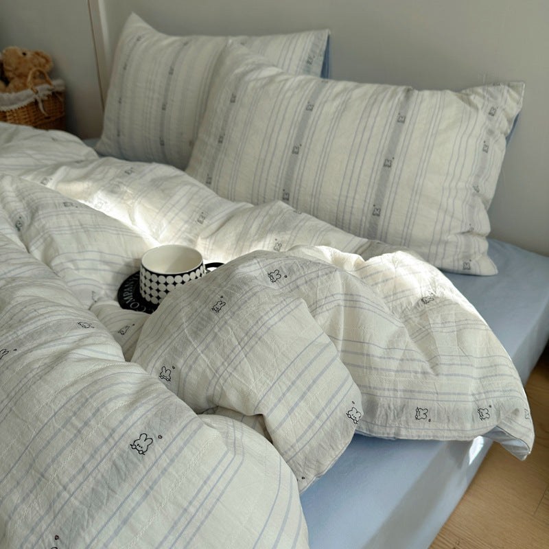 Cotton Washed Stripe Duvet Cover Set with Mini Bear Motif Pillow Shams