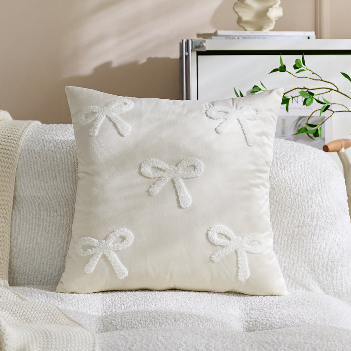 Embroidered Bouclé Bow Velvet Square Throw Pillow Cover