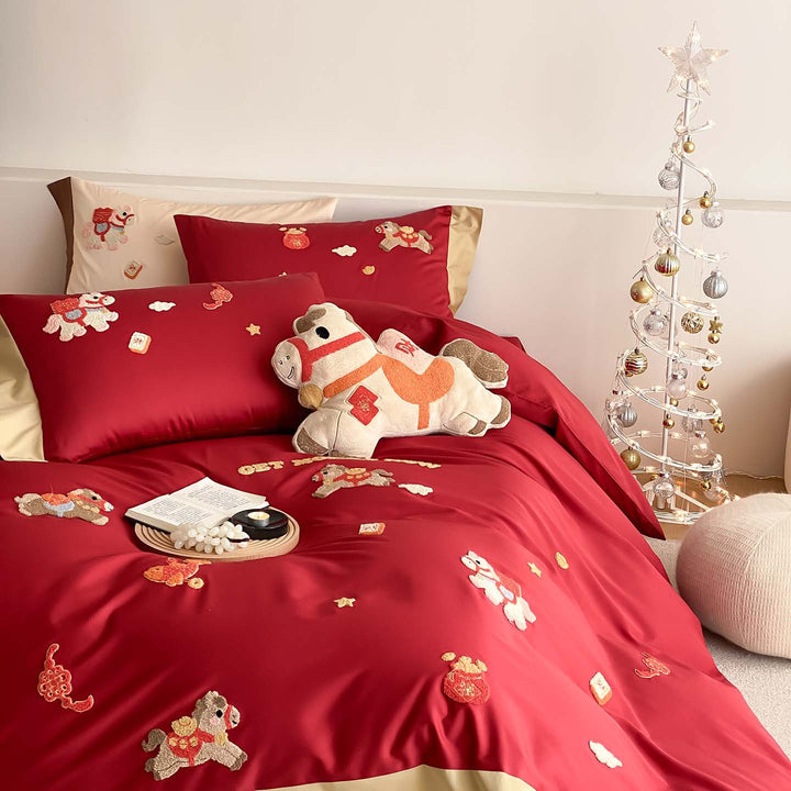 Embroidered Cotton Sateen Duvet Cover Set with Appliqué Horse Motifs and Reversible Border