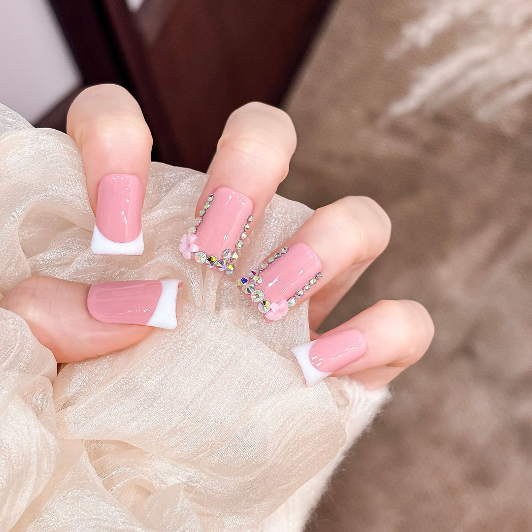Decorative Press-On Nail Set with Floral and Gem Accents